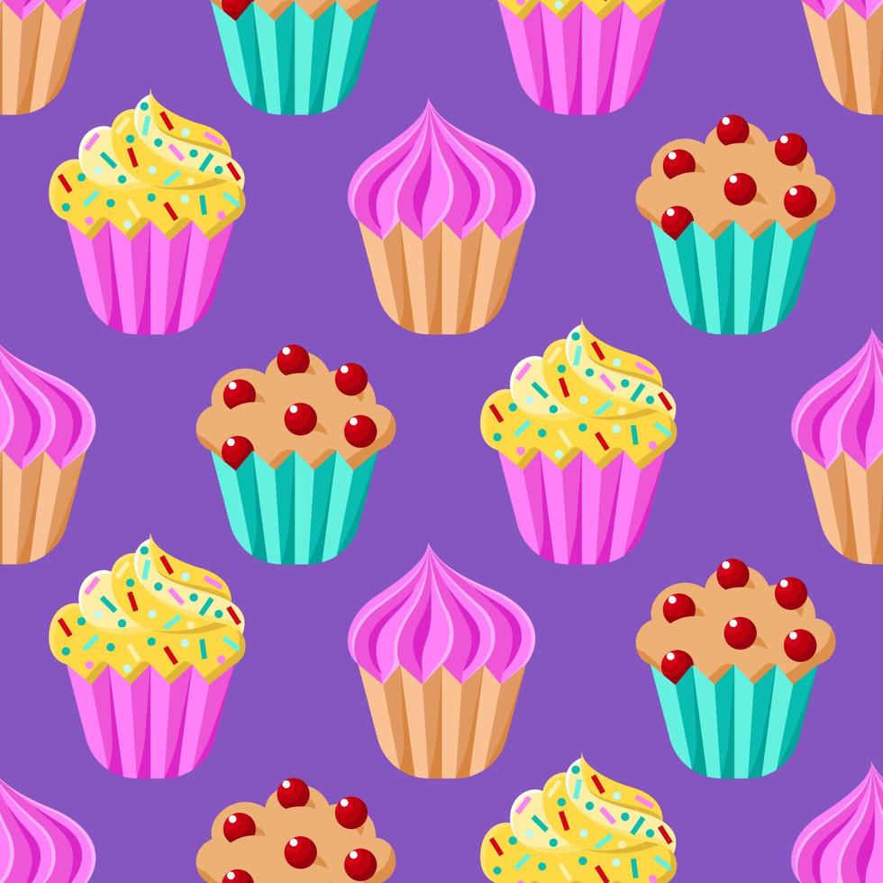 cupcakes vector naadloos patroon. tekenfilm kleurrijk desserts Aan Purper backdrop