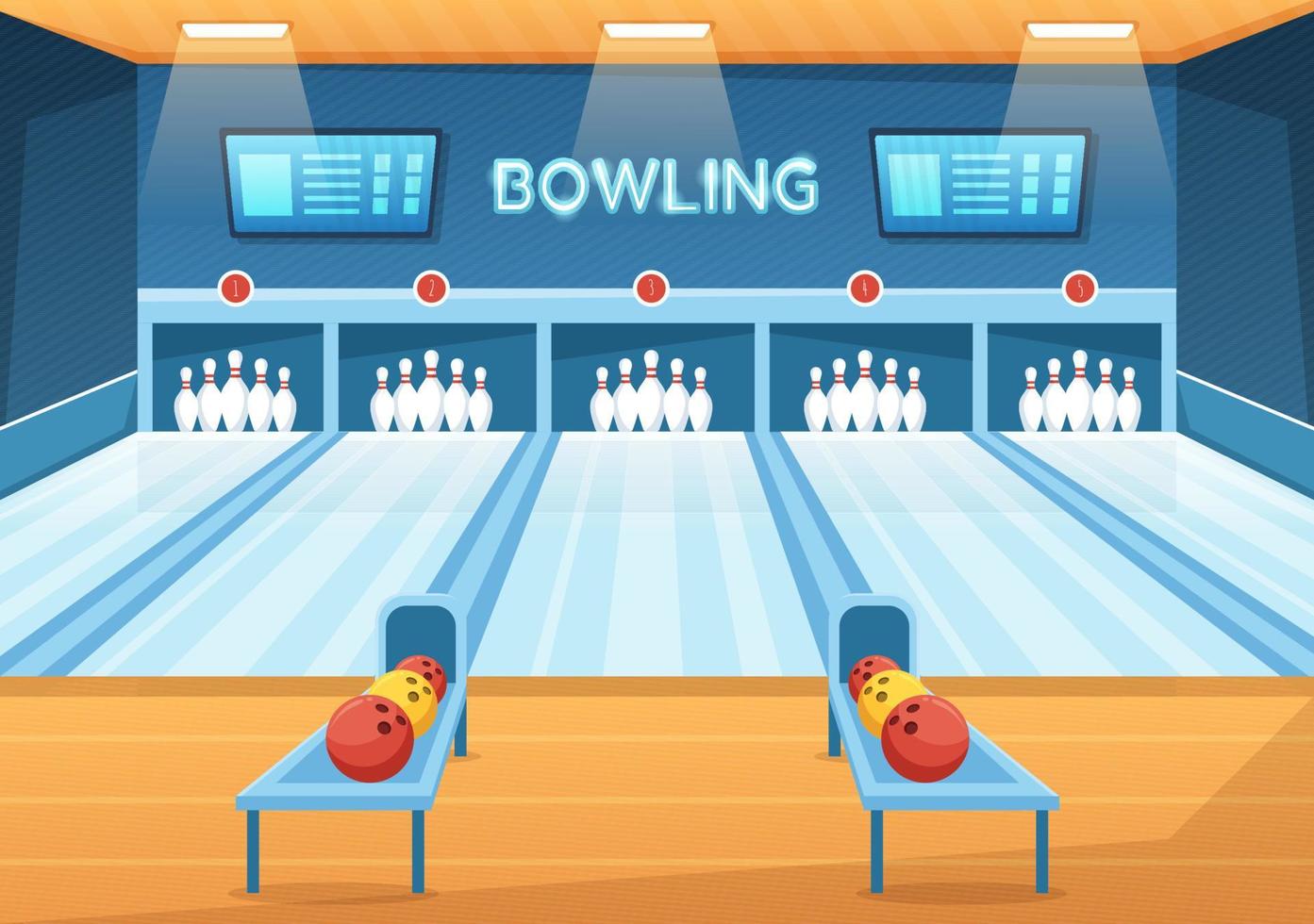 bowling spel illustratie met pinnen, ballen en scoreborden in een sport club voor web banier of landen bladzijde in vlak tekenfilm hand- getrokken Sjablonen vector