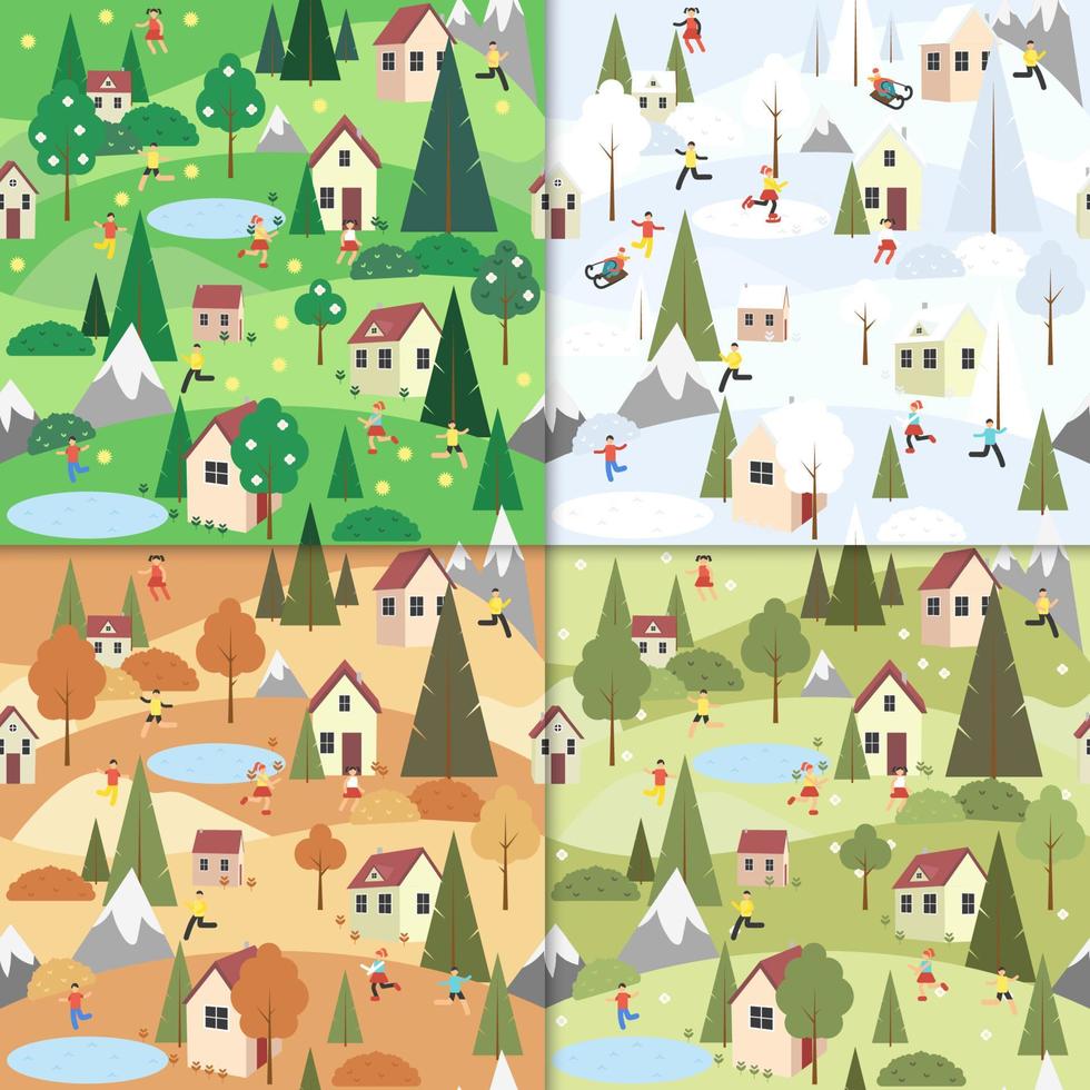 naadloos patroon vakantie in de platteland. lente, zomer, herfst, winter seizoen buitenshuis landschap bomen, heuvels, knus huizen, mensen en meren. kinderen spelen. vector illustratie.