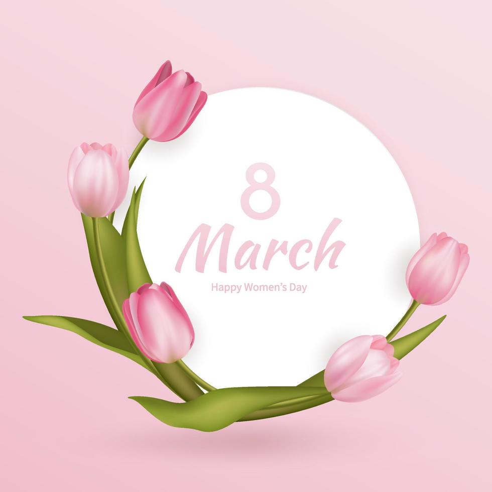 groet kaart voor vrouwen dag 8 maart. voorjaar bloem realistisch roze tulp vector illustratie. ronde kader. bloemen sjabloon, bloemen achtergrond, Internationale Dames dag folder, modern banier ontwerp.