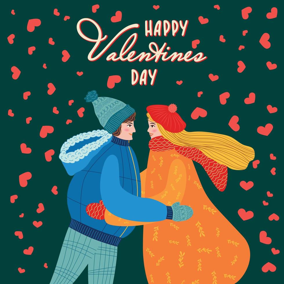 vlak hand- getrokken valentijnsdag dag groet kaart. liefhebbend paar van jong Mens en vrouw vector