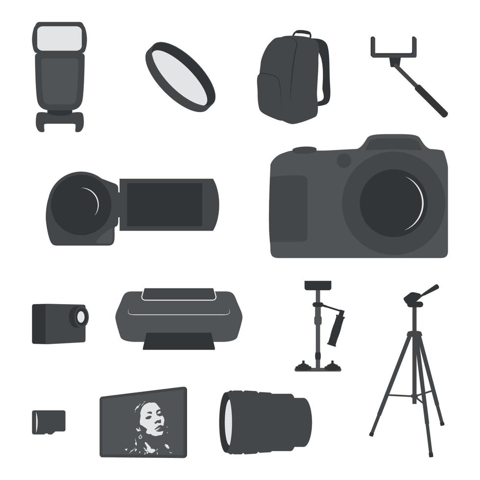 reeks van pictogrammen Aan een thema accessoires, goederen, uitrusting voor foto en video silhouet in grijs kleuren vector