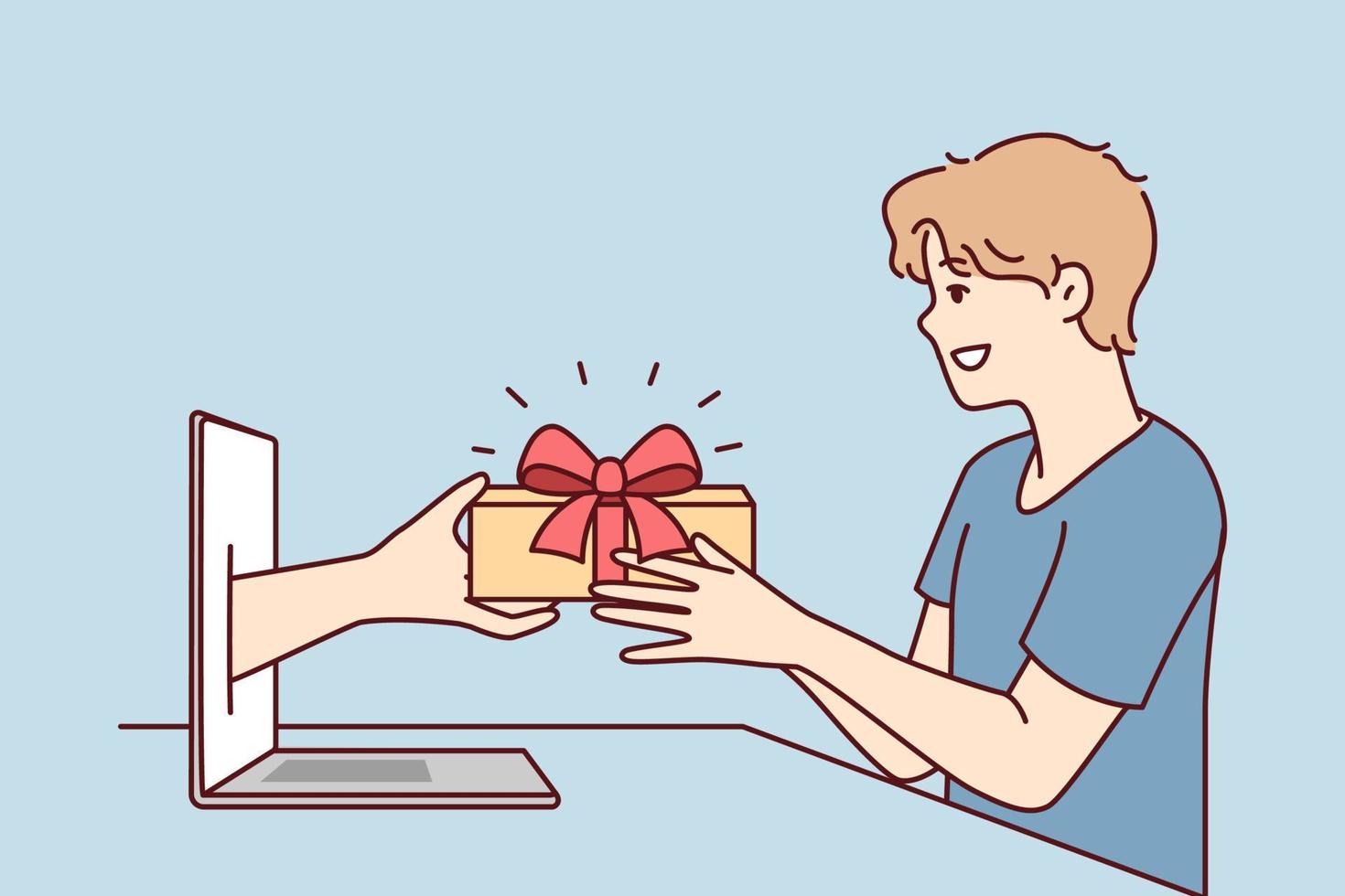 jong Mens ontvangt Cadeau van hand- porren uit van laptop scherm na boodschappen doen in online op te slaan. metafoor van geschenk voor buying computer of in afzet campagne met cashback beloning. vlak vector beeld