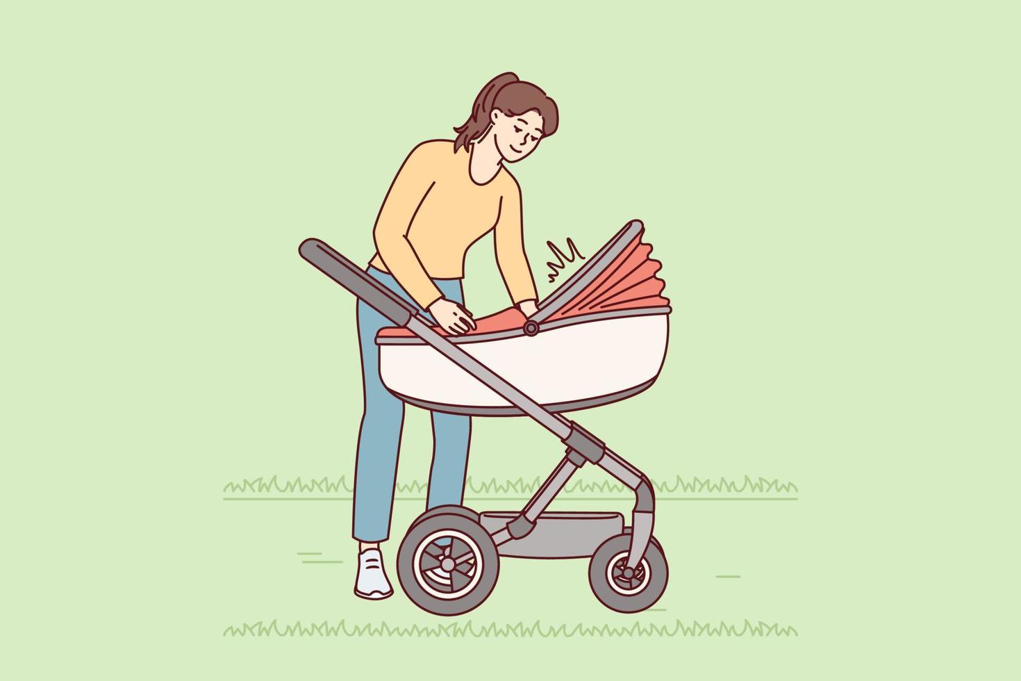 zorgzaam vrouw wandelingen met kind in wandelwagen rustgevend huilen kleuter en aanpassen deken of controle luier. liefhebbend moeder hofmakerij zoon of dochter wandelen buitenshuis. vlak vector illustratie