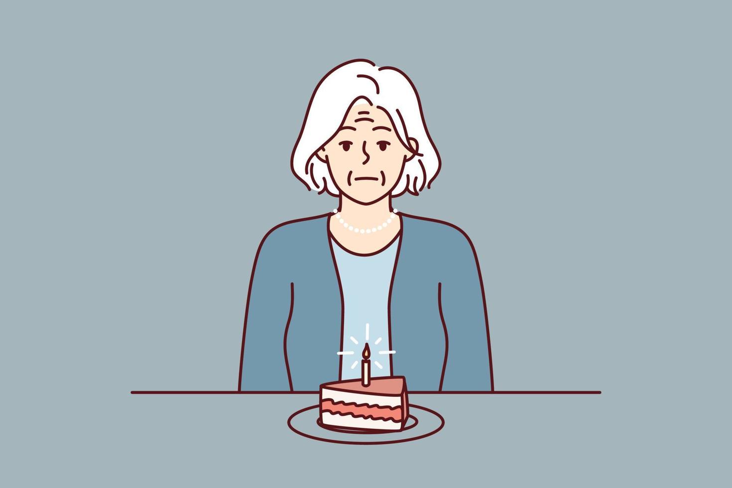 eenzaam ouderen vrouw zit Bij tafel met stuk taart met kaars en lijdt van afwezigheid van familieleden en vrienden. ongelukkig grootmoeder viert verjaardag alleen in nodig hebben van steun. vlak vector beeld