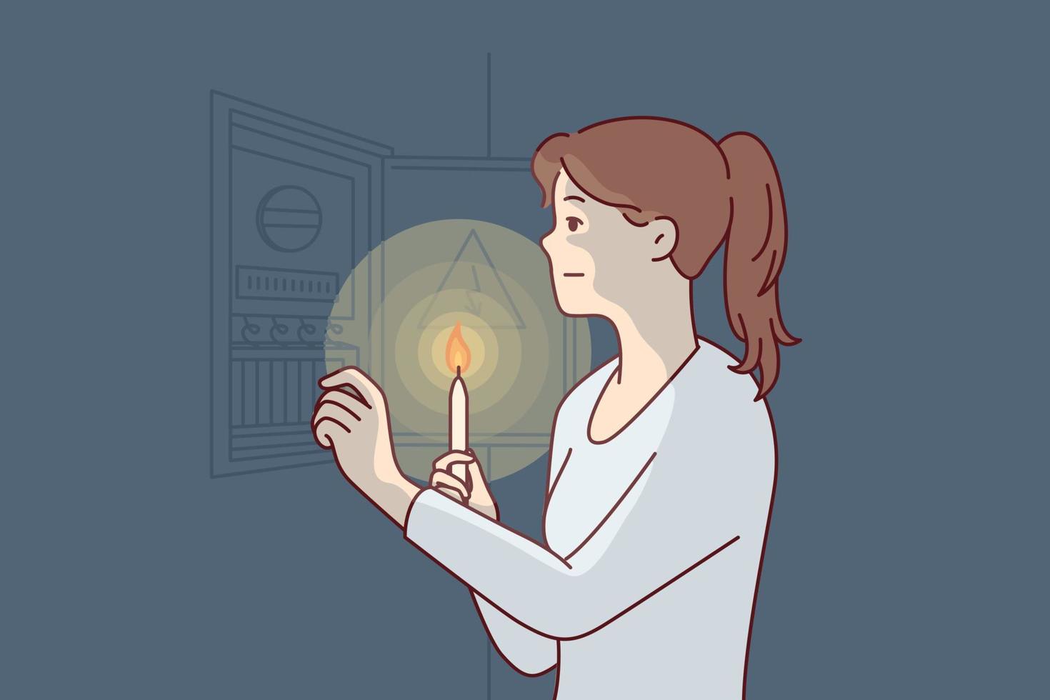 onafhankelijk vrouw met brandend kaars benaderingen macht schild naar vind uit reden voor energie storing. meisje herstelt elektrisch bedrading met eigen handen na verlies van elektriciteit. vlak vector illustratie