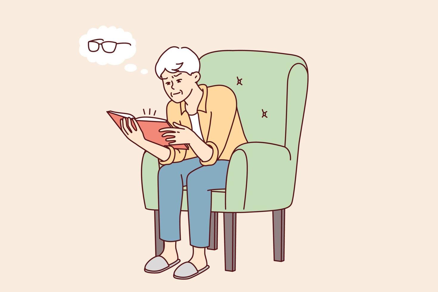 ouderen Mens lezing boek denkt over nodig hebben naar kopen bril naar verbeteren visie. grijs haar menselijk zit in stoel realiseren dat hij is beginnend naar verliezen zicht terwijl aan het studeren literatuur. vlak vector ontwerp
