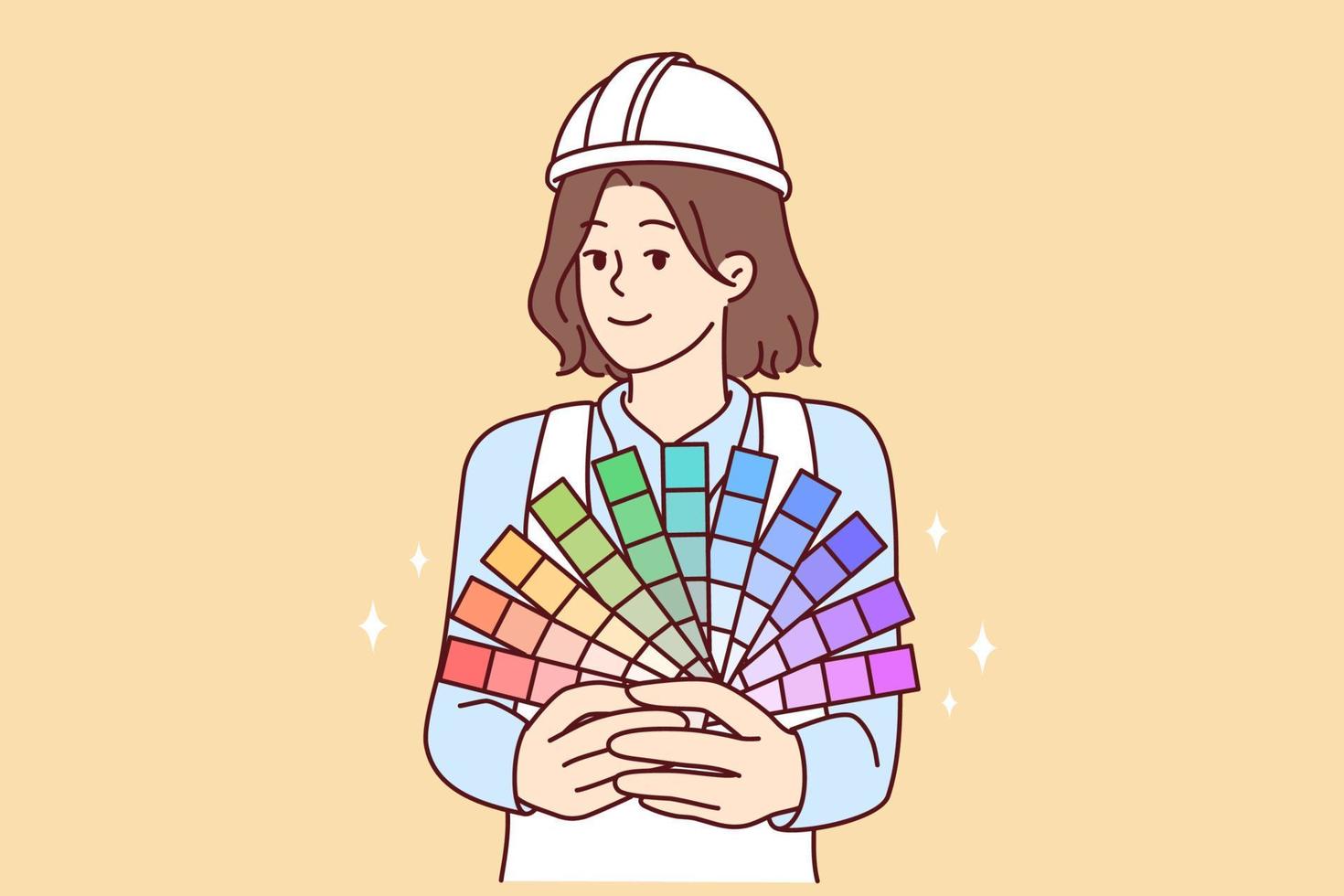 vrouw schilder houdt papier palet met opties voor tinten aanbiedingen naar Kiezen Rechtsaf kleur voor schilderij muren. meisje in beschermend helm werken in veld- van bouw of reparatie. vlak vector illustratie