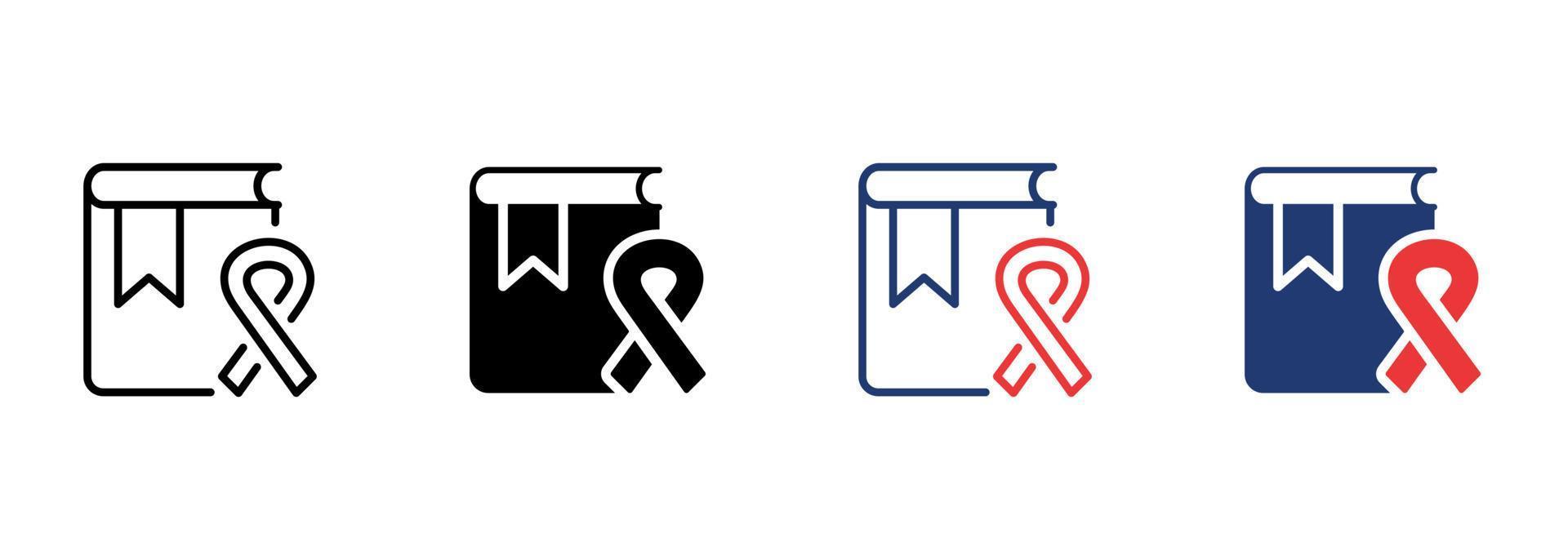 boek met lint kanker icoon set. bewustzijn symbool van ziekte kanker, AIDS, hiv pictogram. kanker Onderzoek icoon. bewerkbare hartinfarct. geïsoleerd vector illustratie.