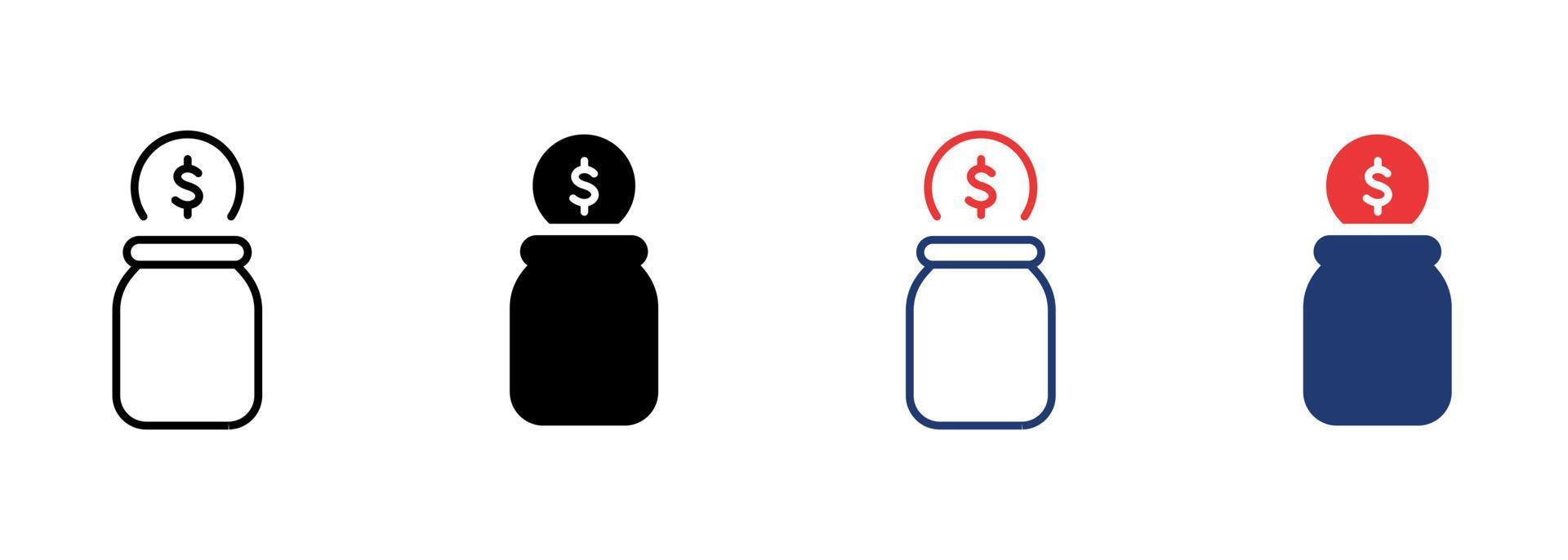 spaarpot met vallend munt icoon set. glas pot voor verzamelen geld pictogram. fles voor opslaan contant geld icoon. bewerkbare hartinfarct. geïsoleerd vector illustratie.