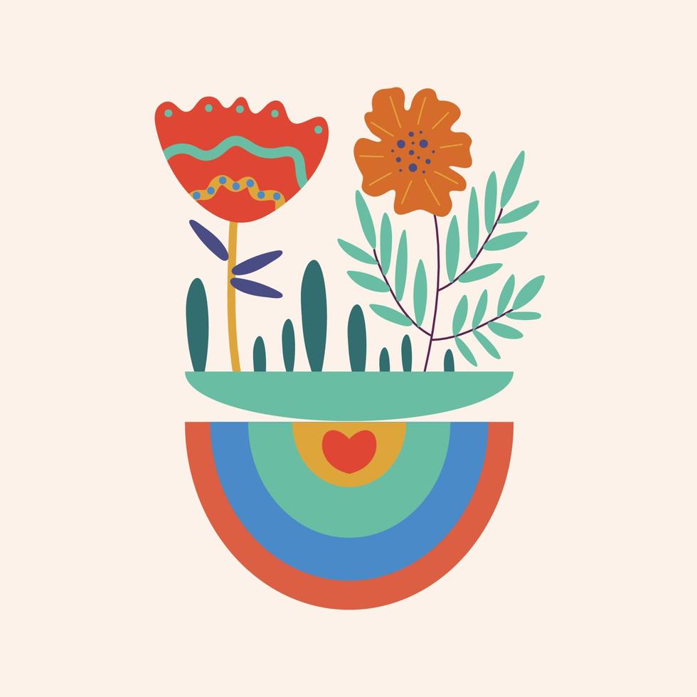 ansichtkaart gelukkig Valentijnsdag dag, uitnodigingen, verklaring van liefde. plein sjabloon met bloemen, regenboog, hart. vector illustratie Aan een licht achtergrond.