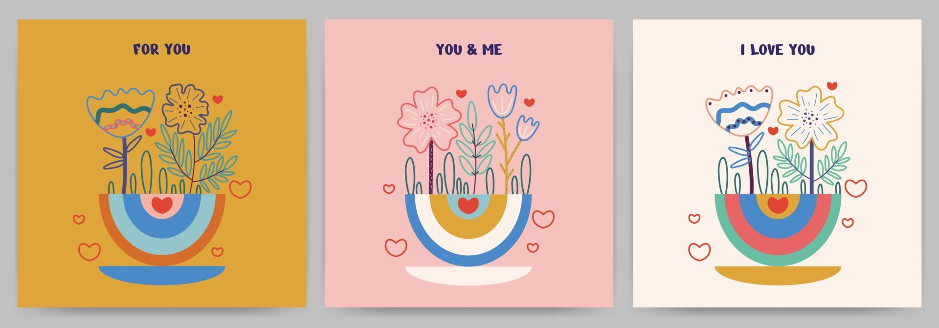 reeks van groet kaarten gelukkig Valentijnsdag dag, uitnodigingen, verklaring van liefde. plein Sjablonen met bloemen, regenboog, harten, tekst. vector illustratie.