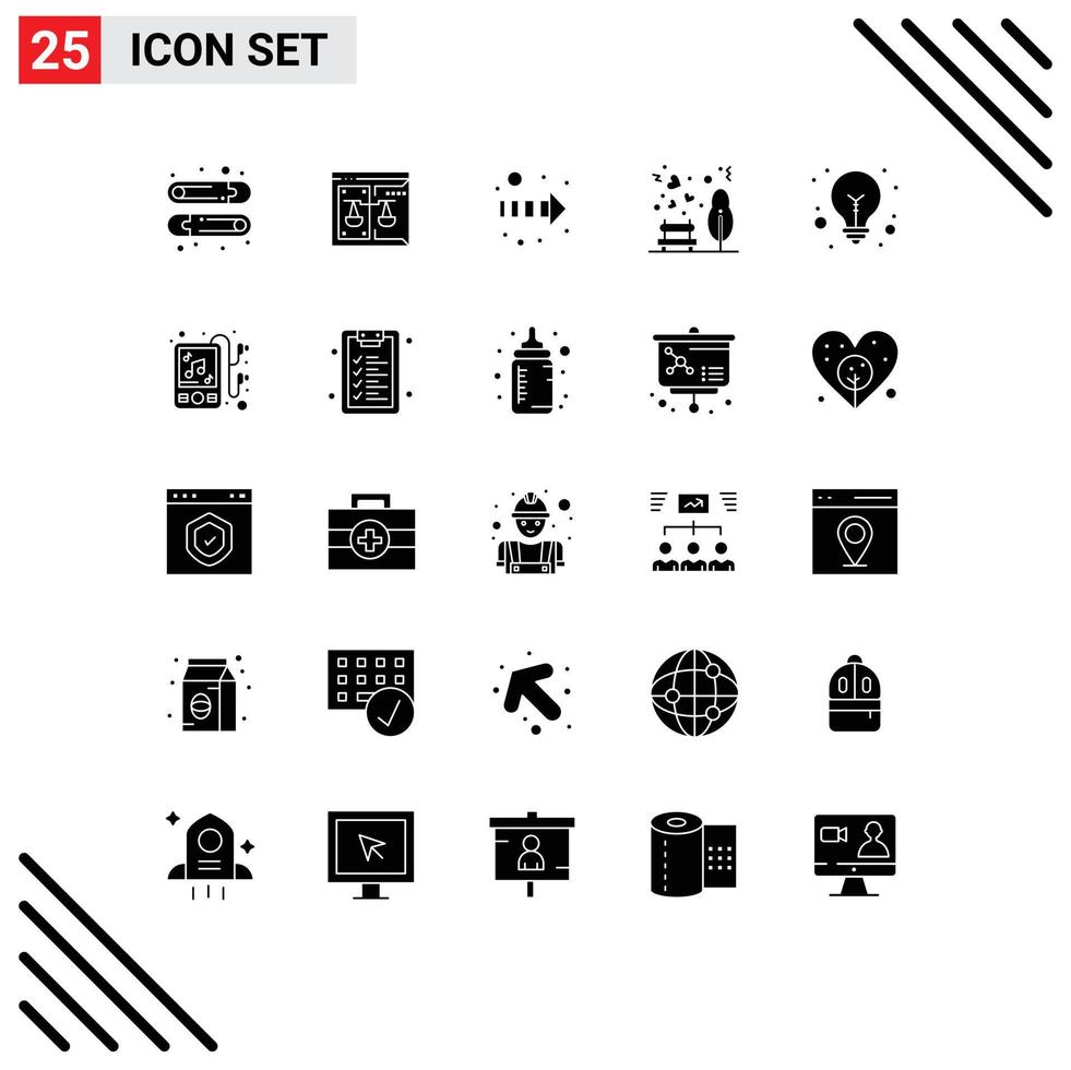 pak van 25 creatief solide glyphs van tips idee pijl picknick liefde bewerkbare vector ontwerp elementen