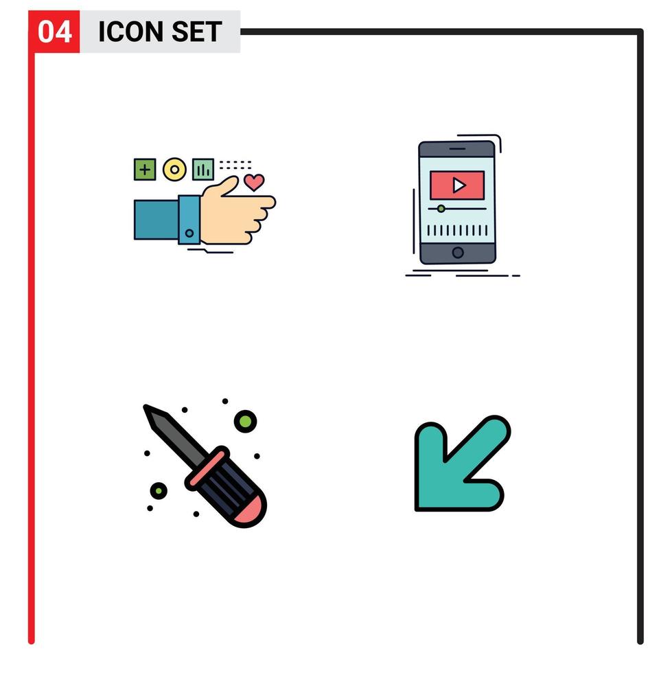 groep van 4 modern gevulde lijn vlak kleuren reeks voor toezicht houden mobiel hart muziek- schroef bestuurder bewerkbare vector ontwerp elementen