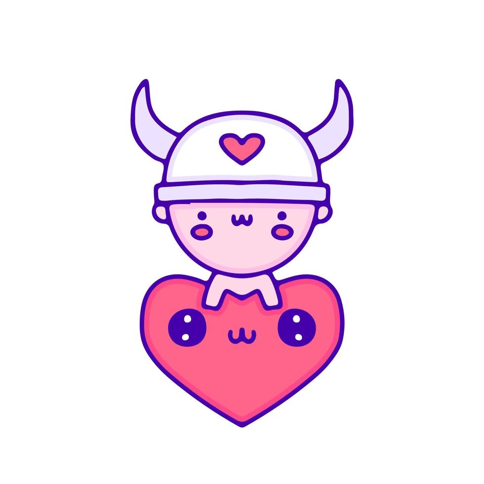 zoet baby viking Holding liefde symbool tekening kunst, illustratie voor t-shirt, sticker, of kleding handelswaar. met modern knal en kawaii stijl. vector