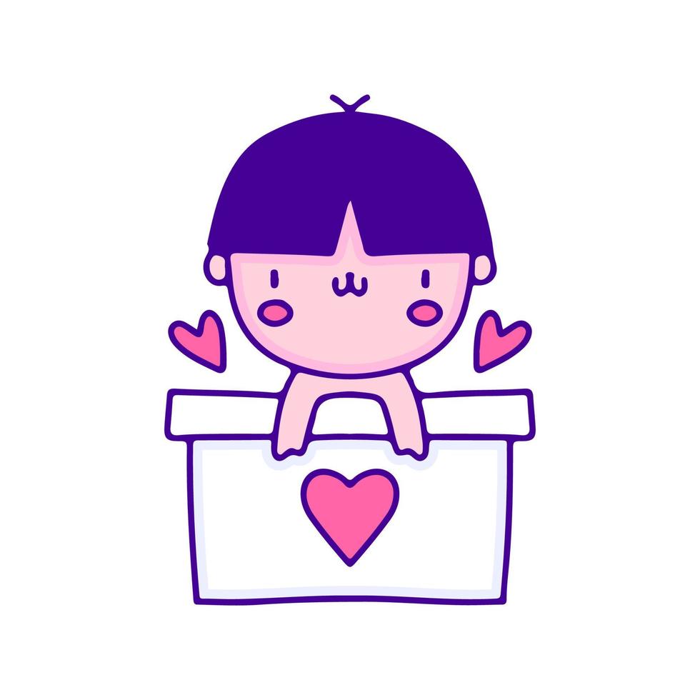 schattig baby in geschenk dozen tekening kunst, illustratie voor t-shirt, sticker, of kleding handelswaar. met modern knal en kawaii stijl. vector