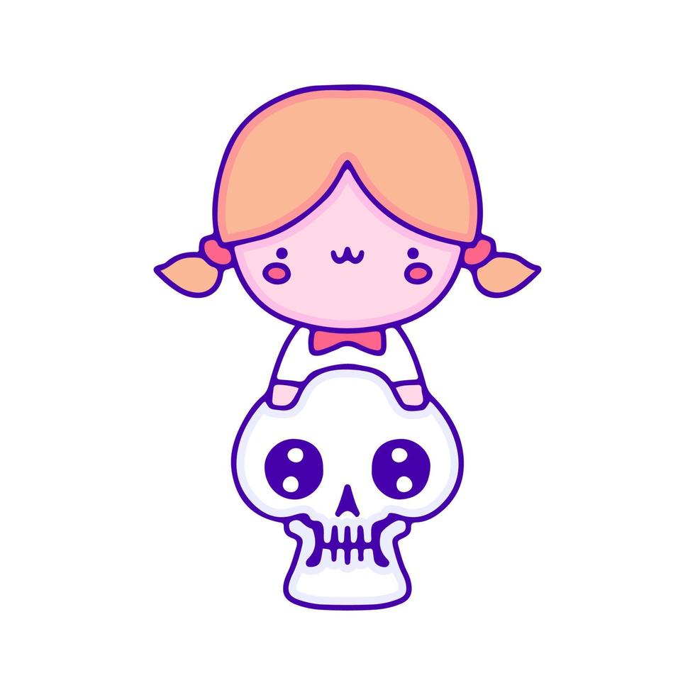 zoet baby meisje met schattig schedel tekening kunst, illustratie voor t-shirt, sticker, of kleding handelswaar. met modern knal en kawaii stijl. vector