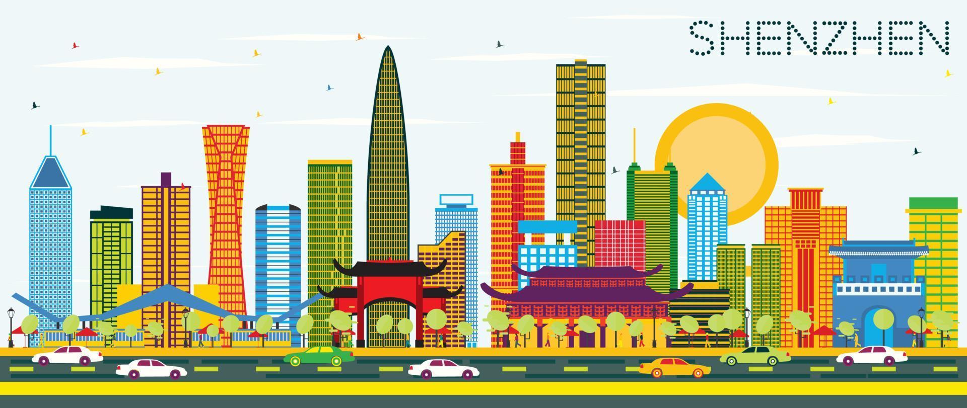 Shenzhen China stad horizon met kleur gebouwen en blauw lucht. vector