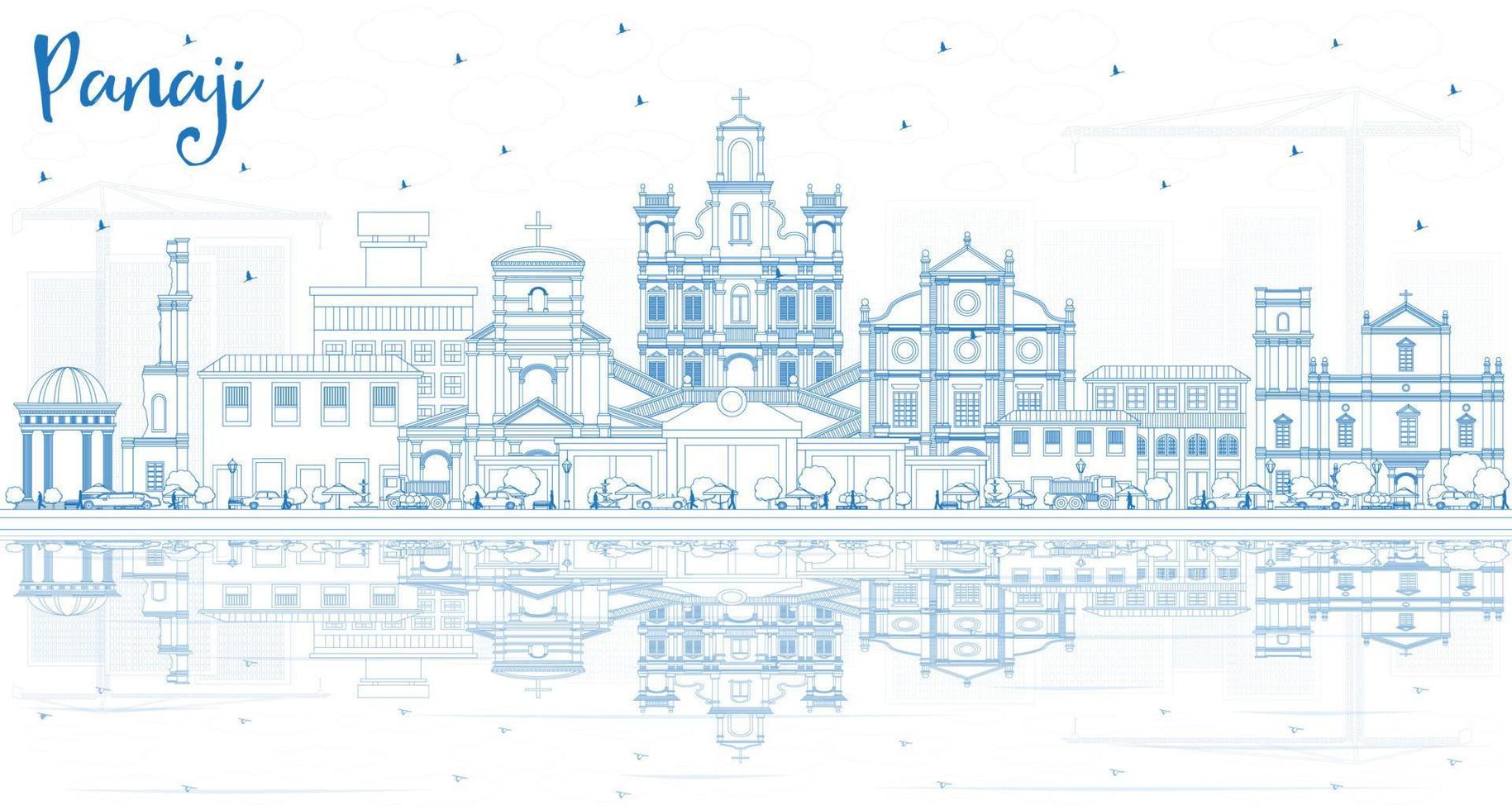 schets panaji Indië stad horizon met blauw gebouwen en reflecties. vector