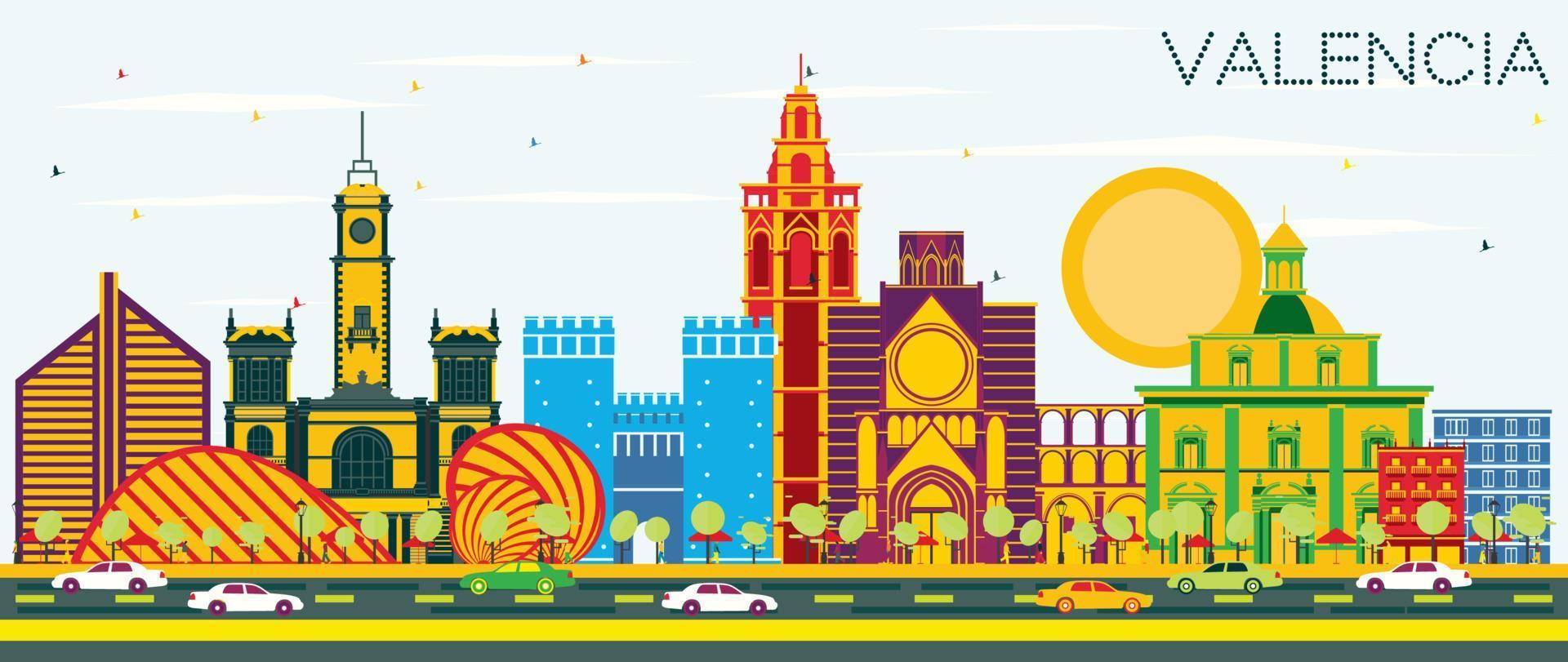 Valencia Spanje stad horizon met kleur gebouwen en blauw lucht. vector