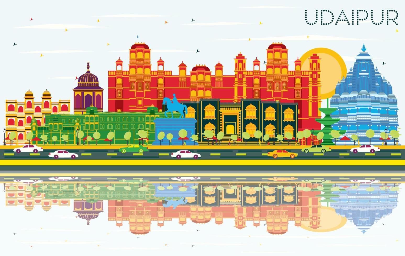 udaipur Indië stad horizon met kleur gebouwen, blauw lucht en reflecties. vector