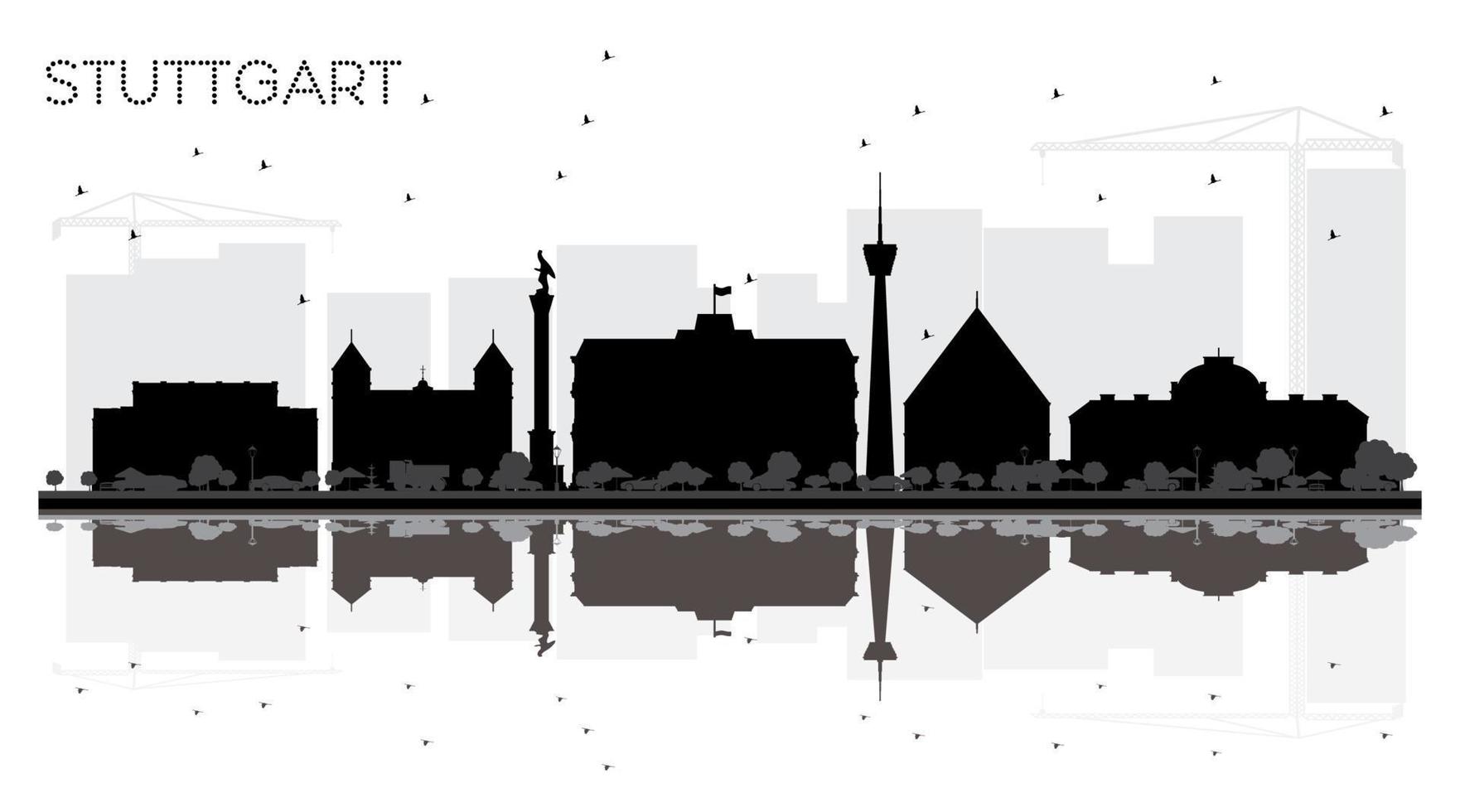 Stuttgart Duitsland stad horizon zwart en wit silhouet met reflecties. vector