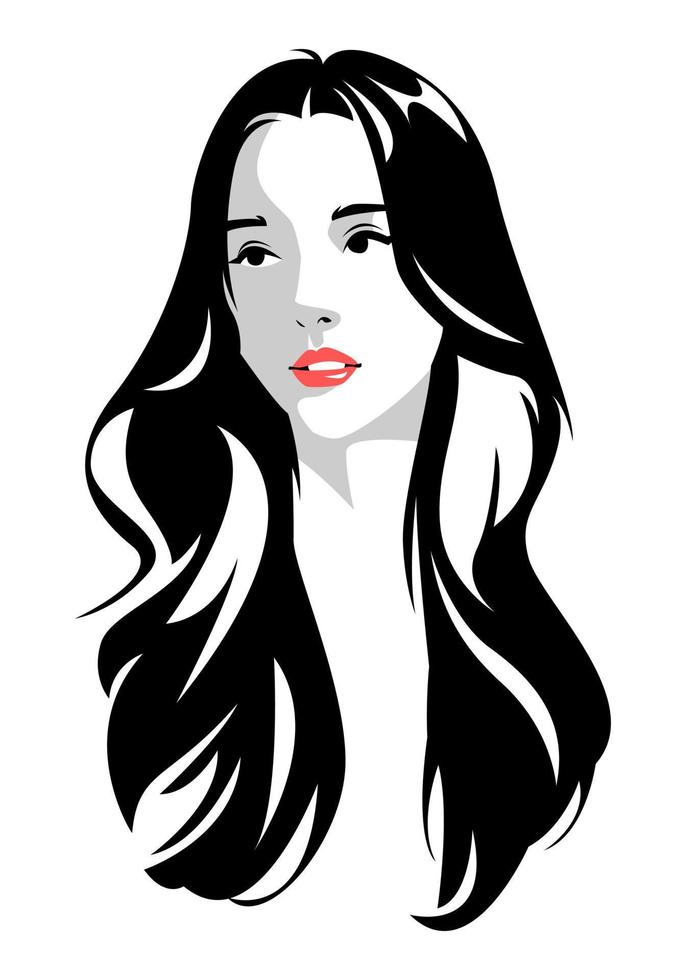 portret van een mooi meisje met lang golvend haar. geïsoleerd wit achtergrond. vector monochroom illustratie.