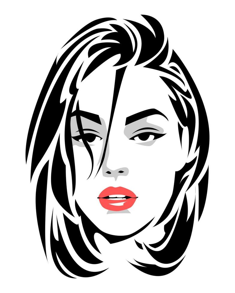zwart en wit portret van een mooi jong vrouw met kort haar. voorkant visie. abstract haar. geïsoleerd wit achtergrond. vector vlak illustratie.
