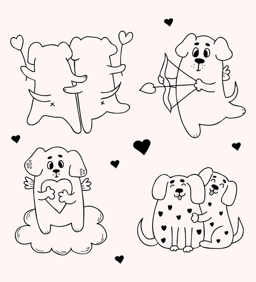 liefhebbend honden. verzameling romantisch huisdieren met hart en schattig knuffelen honden. vector illustratie. geïsoleerd schets tekeningen voor ontwerp en decor van valentijnskaarten, liefde ansichtkaarten, afdrukken.