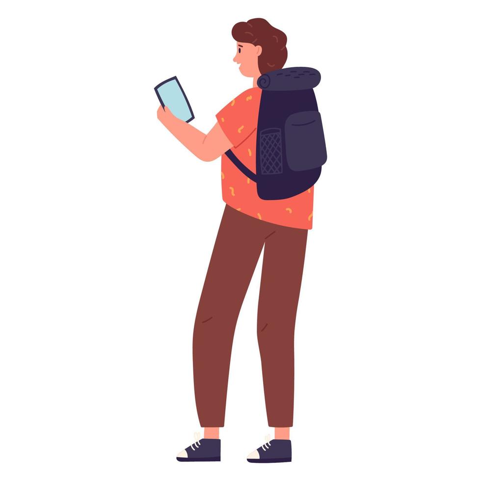 college leerling met rugzak Holding smartphone, vlak vector illustratie geïsoleerd Aan wit achtergrond. jong Mens gebruik makend van mobiel telefoon of nemen foto. hoog school- leerling met telefoon.