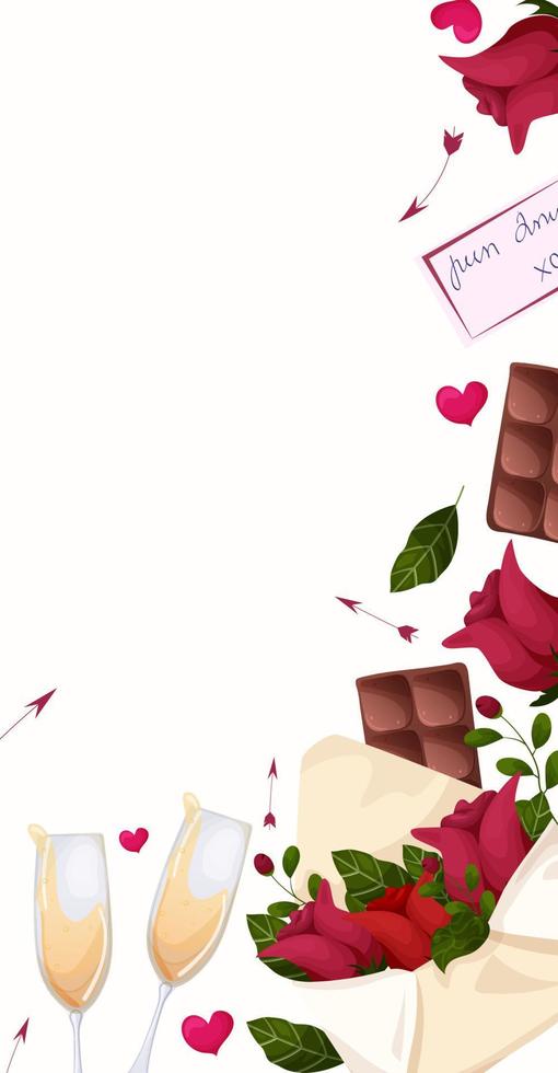 Valentijnsdag dag. achtergrond Aan wit met rozen, pijlen, chocola. banier sjabloon, ansichtkaart, web. vector illustratie