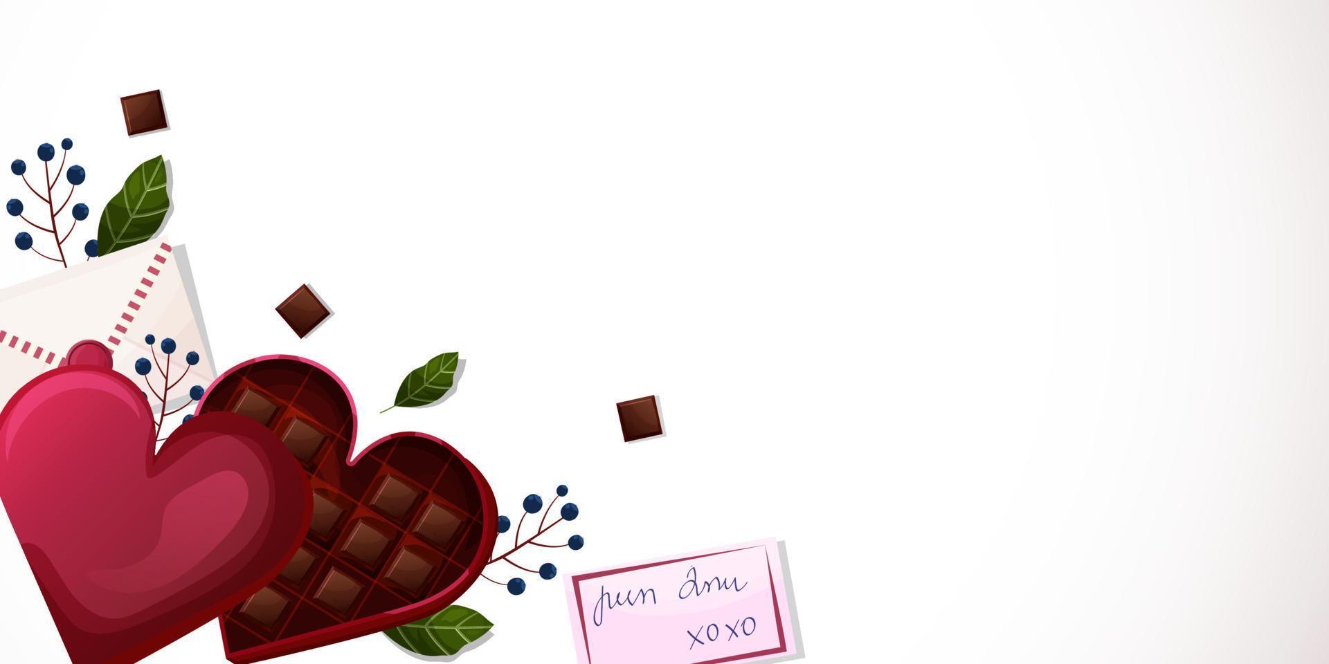 Valentijnsdag dag. ansichtkaart, banier, afdrukbare sjabloon. chocola, brief, bloemen. vector. handgeschreven tekst. vector