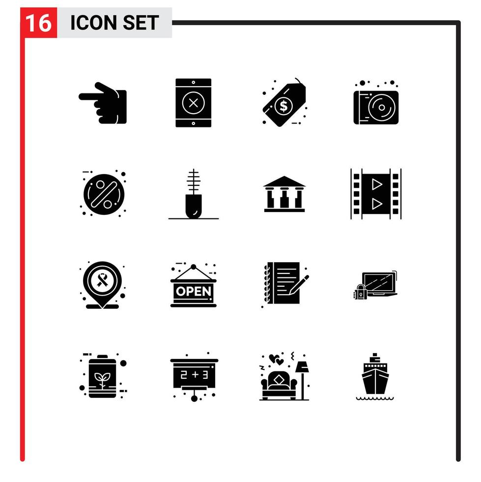 pictogram reeks van 16 gemakkelijk solide glyphs van accessoires korting label insigne technologie bewerkbare vector ontwerp elementen