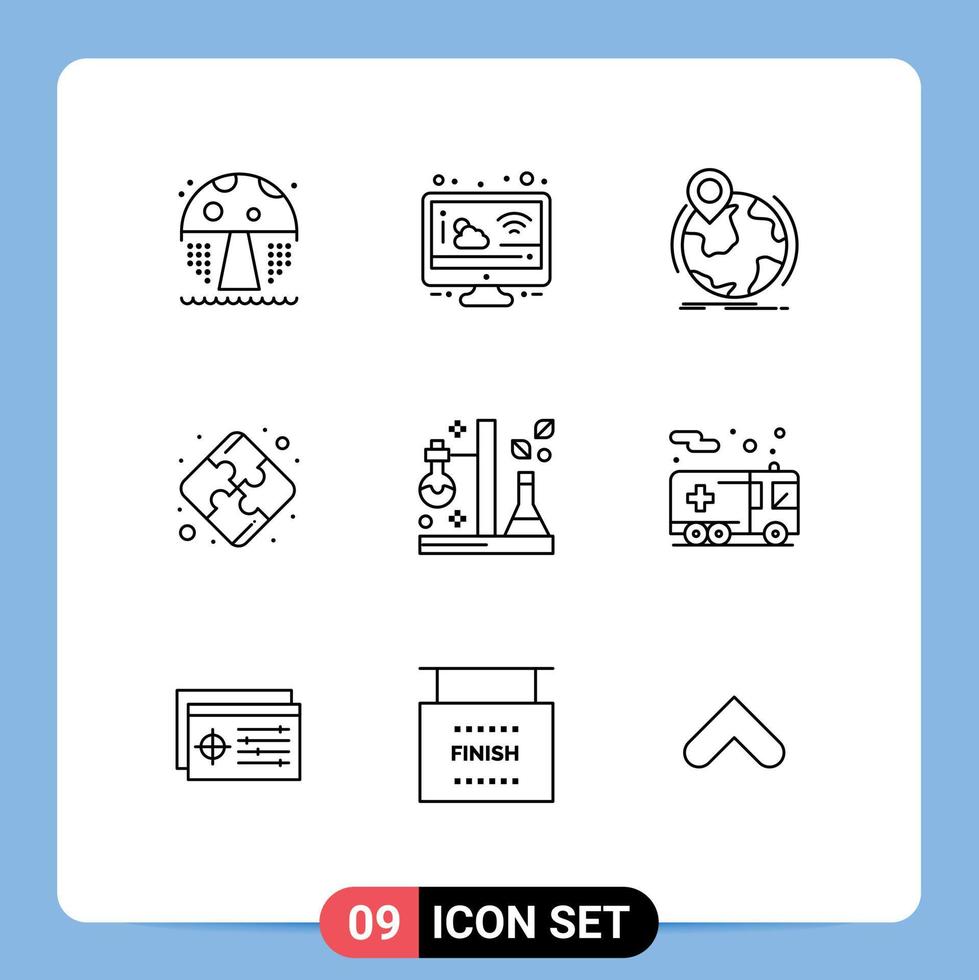pak van 9 modern contouren tekens en symbolen voor web afdrukken media zo net zo wetenschap chemie wereldbol samenspel puzzel bewerkbare vector ontwerp elementen