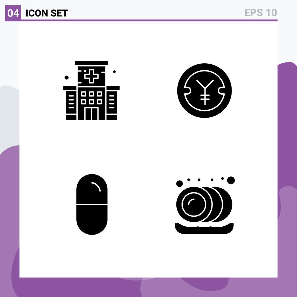 4 solide glyph concept voor websites mobiel en apps gezondheidszorg Gezondheid gebouw yen tablets bewerkbare vector ontwerp elementen