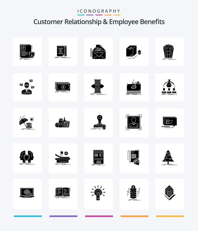 creatief klant verhouding en werknemer voordelen 25 glyph solide zwart icoon pak zo net zo popcorn. inpakken. roman. verrassen. brief vector