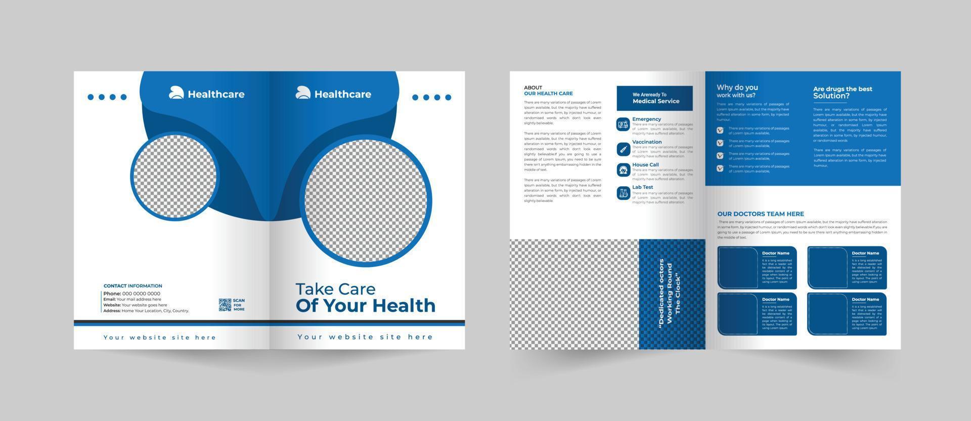 medisch gezondheidszorg onderhoud tweevoudig brochure ontwerp of ziekenhuis kliniek Promotie brochure sjabloon, 4 bladzijde multipurpose sjabloon vector lay-out