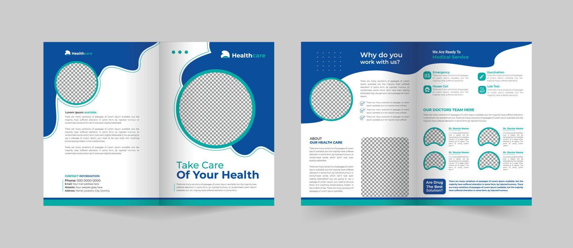 medisch gezondheidszorg onderhoud tweevoudig brochure ontwerp of ziekenhuis kliniek Promotie brochure sjabloon, 4 bladzijde multipurpose sjabloon vector lay-out