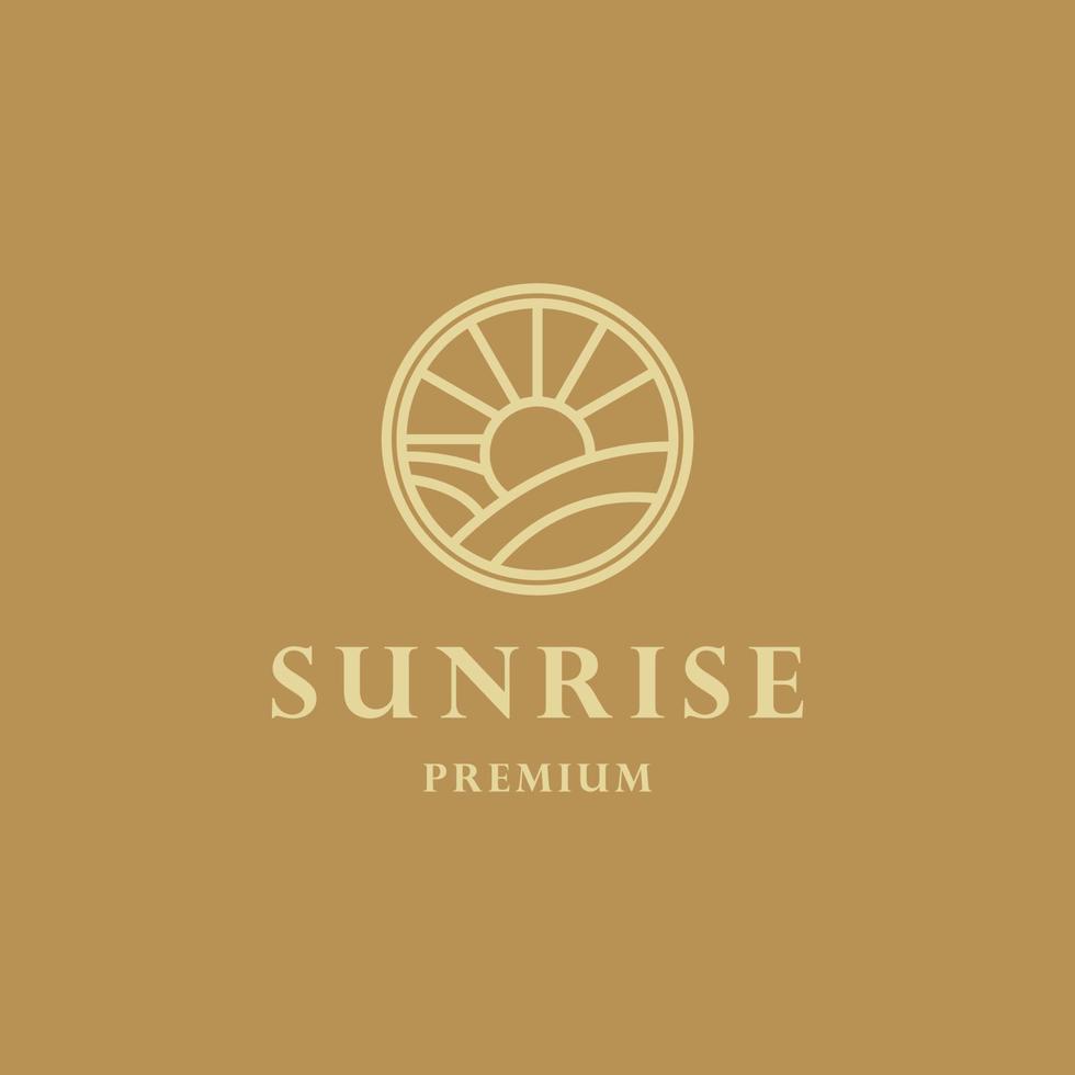 elegant hipster goud zon zonsondergang zonsopkomst met strand oceaan zee water logo icoon vector in modieus lijn