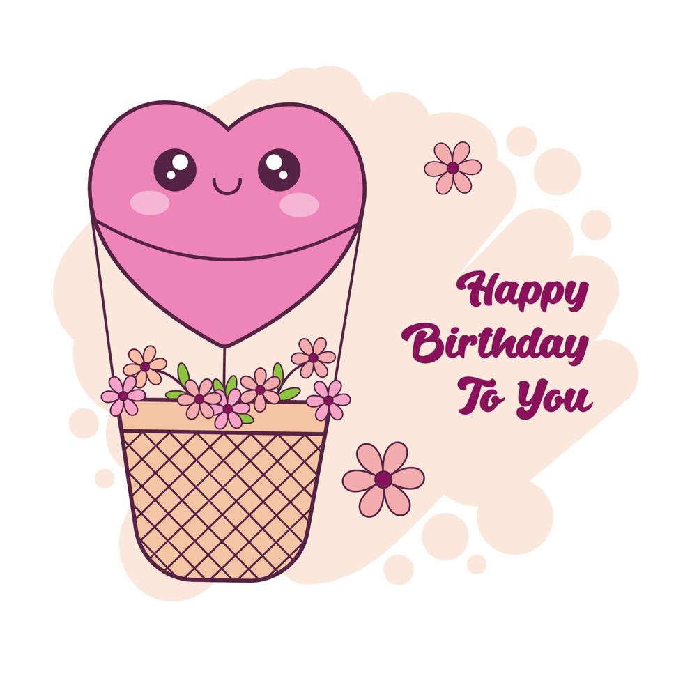 gelukkig verjaardag groet kaart. schattig tekenfilm kawaii lucht ballon karakter met bloemen Aan een beige achtergrond. hand- getrokken kaart voor verjaardag wensen, gelukkig Valentijnsdag dag. liefde, romantisch concept. vector