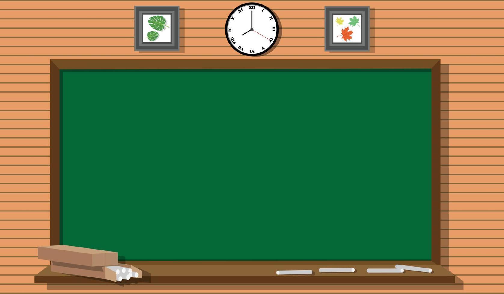 schoolbord en elementen vector in de klas Aan houten vel achtergrond. schoolbord voor kopiëren ruimte. blanco schoolbord illustratie vector