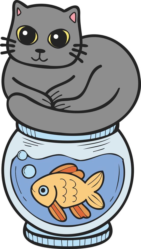 hand- getrokken kat Aan vis kom illustratie in tekening stijl vector