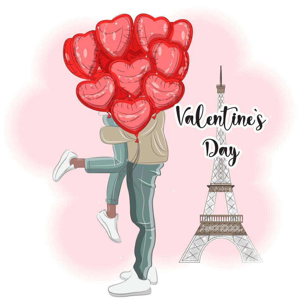 paar in Parijs in de buurt de eiffel toren, Valentijnsdag dag vector illustratie 8