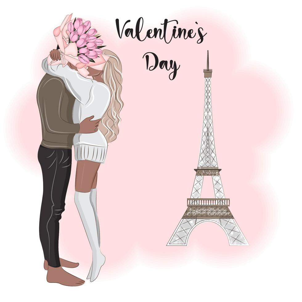 paar in Parijs in de buurt de eiffel toren, Valentijnsdag dag vector illustratie 3