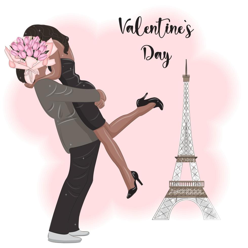 paar in Parijs in de buurt de eiffel toren, Valentijnsdag dag vector illustratie 6