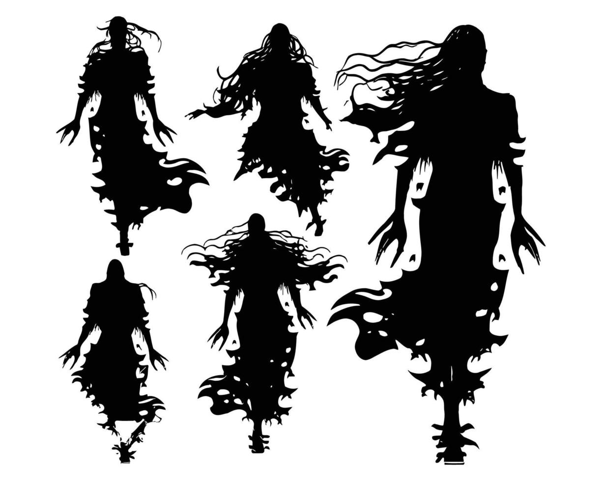 halloween onheil geest silhouet. eng nachtmerrie geest karakters, spookachtig fantoom demonen mascottes set. gescheurd kleren geest silhouetten vector