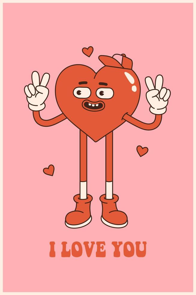 groovy lief hart poster. liefde concept. gelukkig valentijnsdag dag groet kaart. roze en rood kleuren. vector