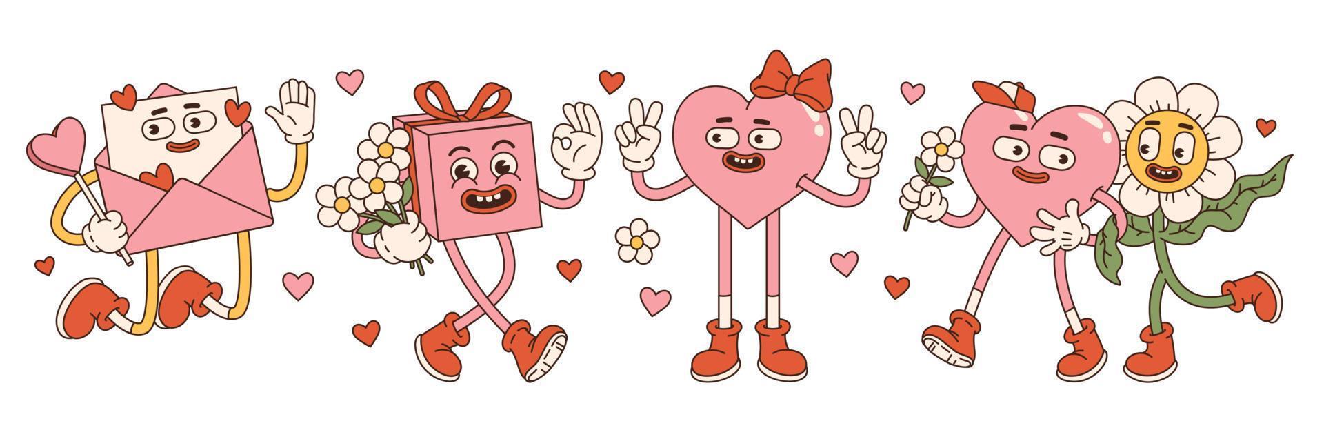 groovy lief harten stickers. liefde concept. gelukkig valentijnsdag dag. roze en rood kleuren. vector