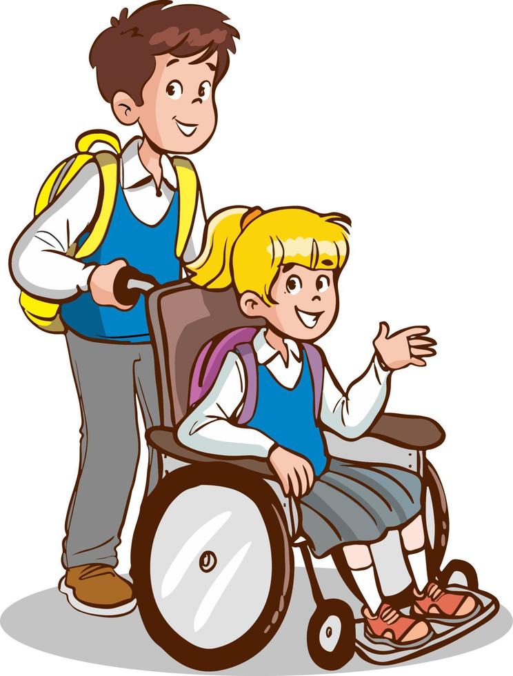 nuttig kind draag- haar vriend in een rolstoel, voorbeeldig gedragsmatig opleiding tekenfilm vector