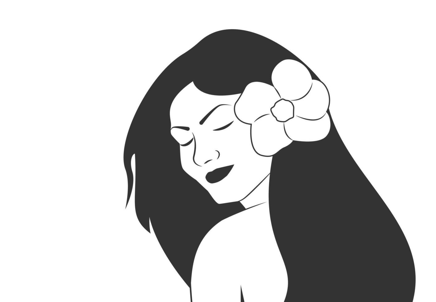 illustratie van Dames lang haar- met bloem Aan haar- zwart en wit stijl Dames gezicht Aan wit achtergrond, vector